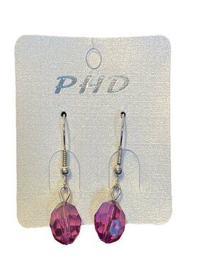 PHD Fuchsia Pink Round Faceted Bead Dangle Drop Earrings Silver Tone Fashion